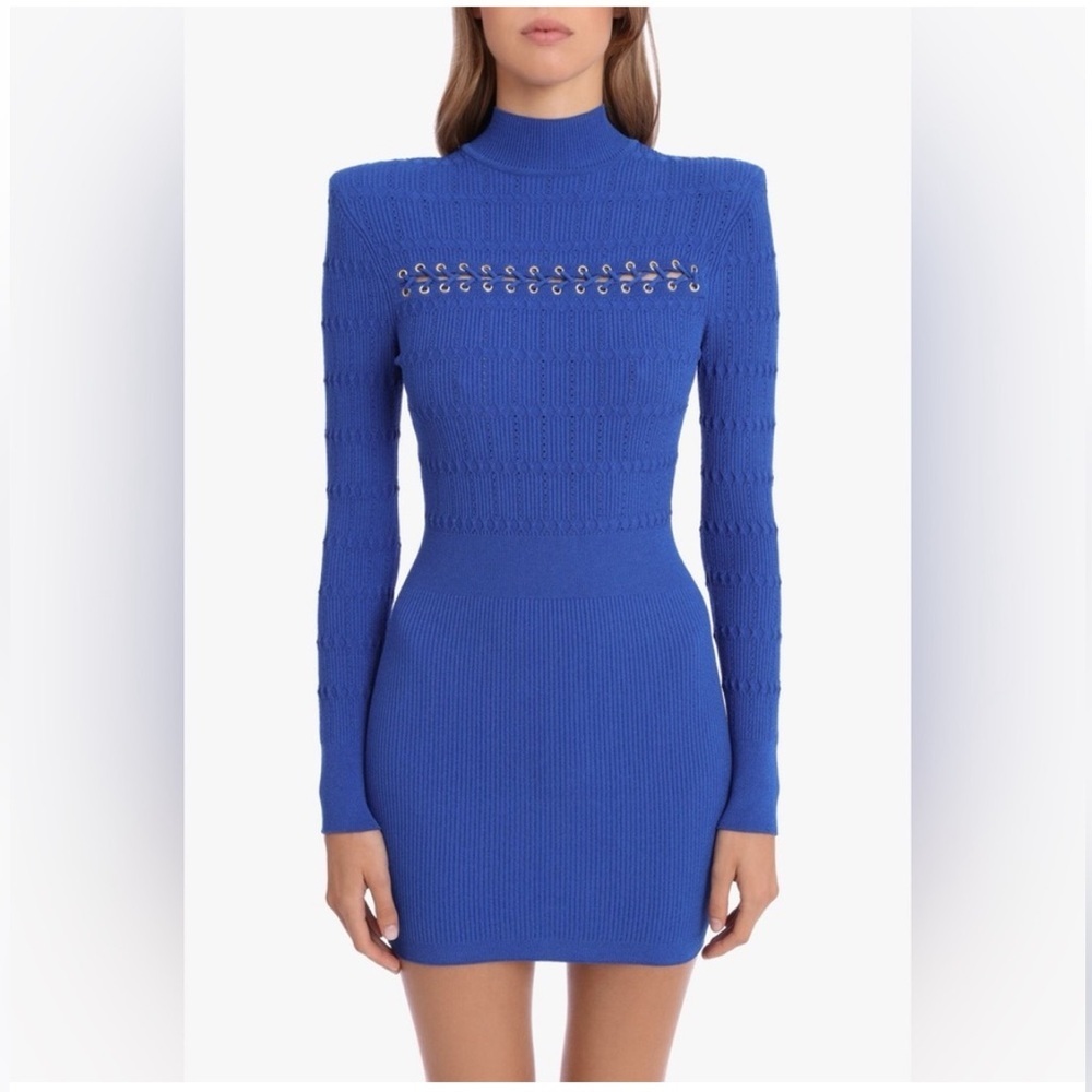 NWOT Balmain Vibrant Blue and Long Sleeve Ponteille Rib Knit Mini Body-con Dress